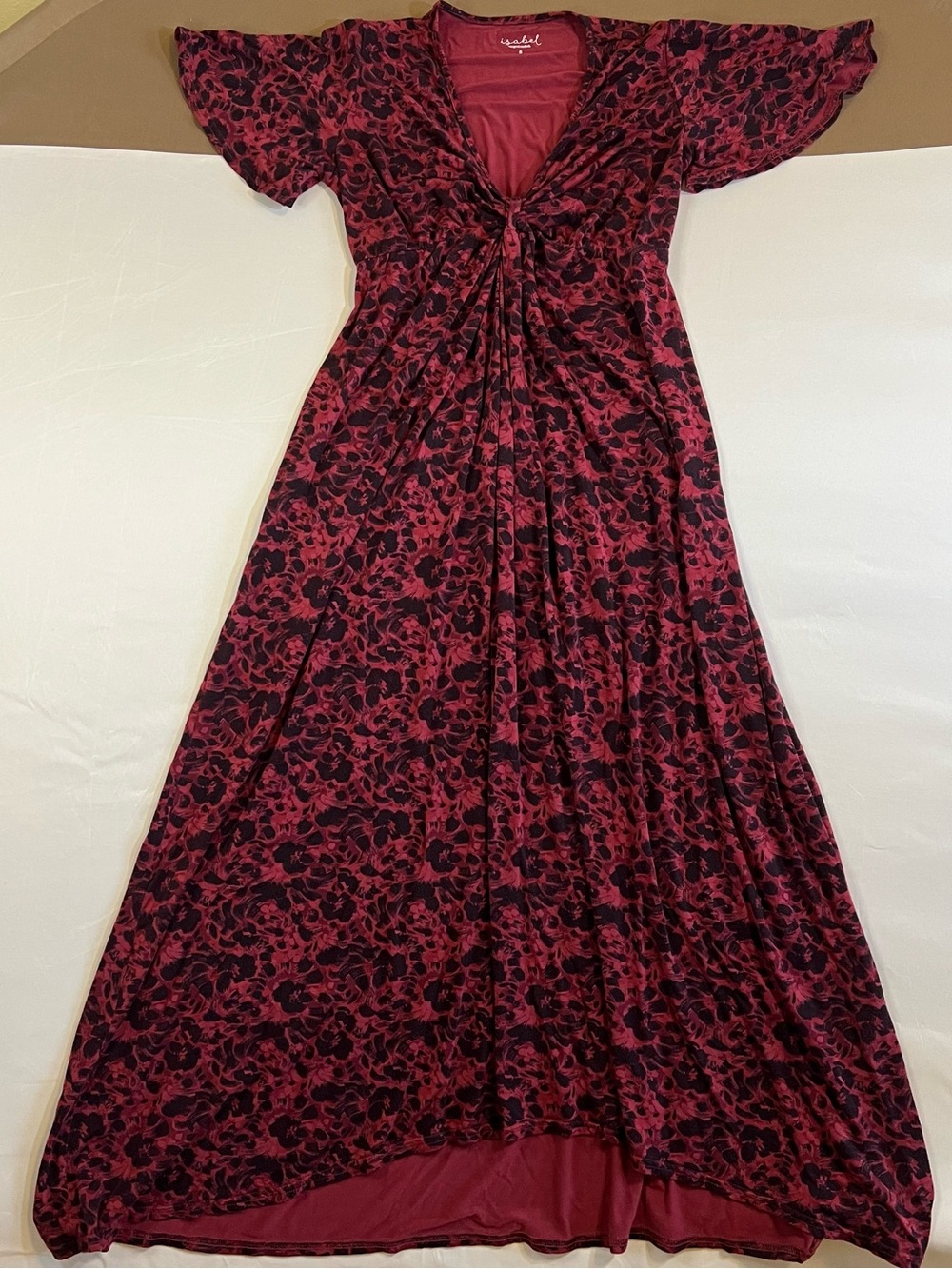 Women's Burgundy Floral Maxi Dress with Knot Front